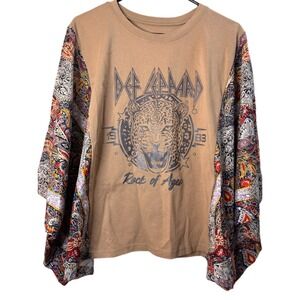 Def Leppard Rock of Ages 1983 Graphic TShirt Tan Paisley Long Sleeve Size Medium